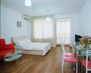 2 person deluxe studio with city view, queen bed, and private facilities (bath and shower)